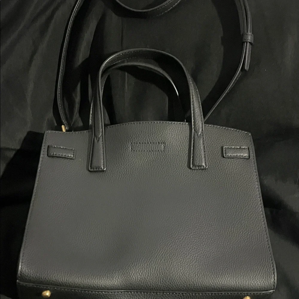 Tory Burch Black Satchel with Burgundy Tag and Gold Hardware
